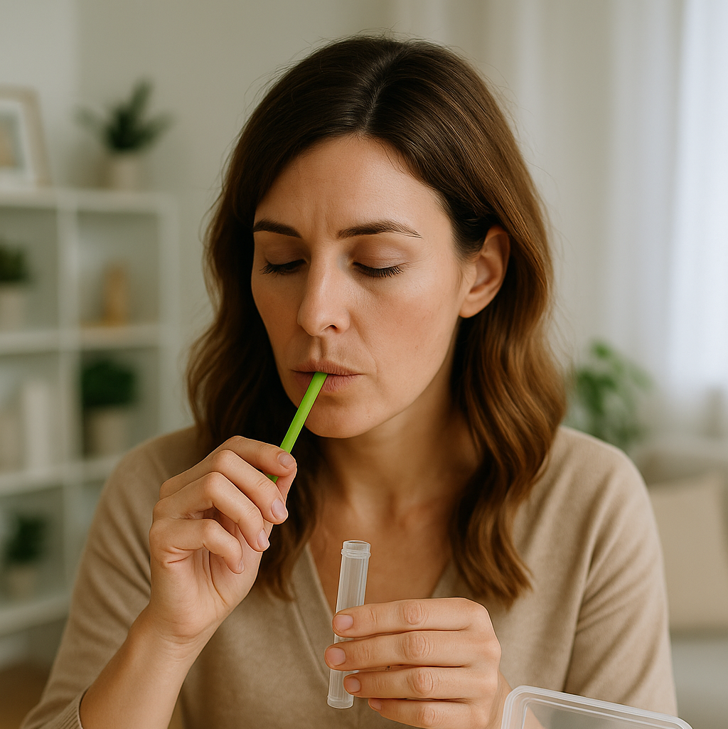 Frau führt Speicheltest zur Hormondiagnostik durch – ganzheitliche Analyse hormoneller Ungleichgewichte