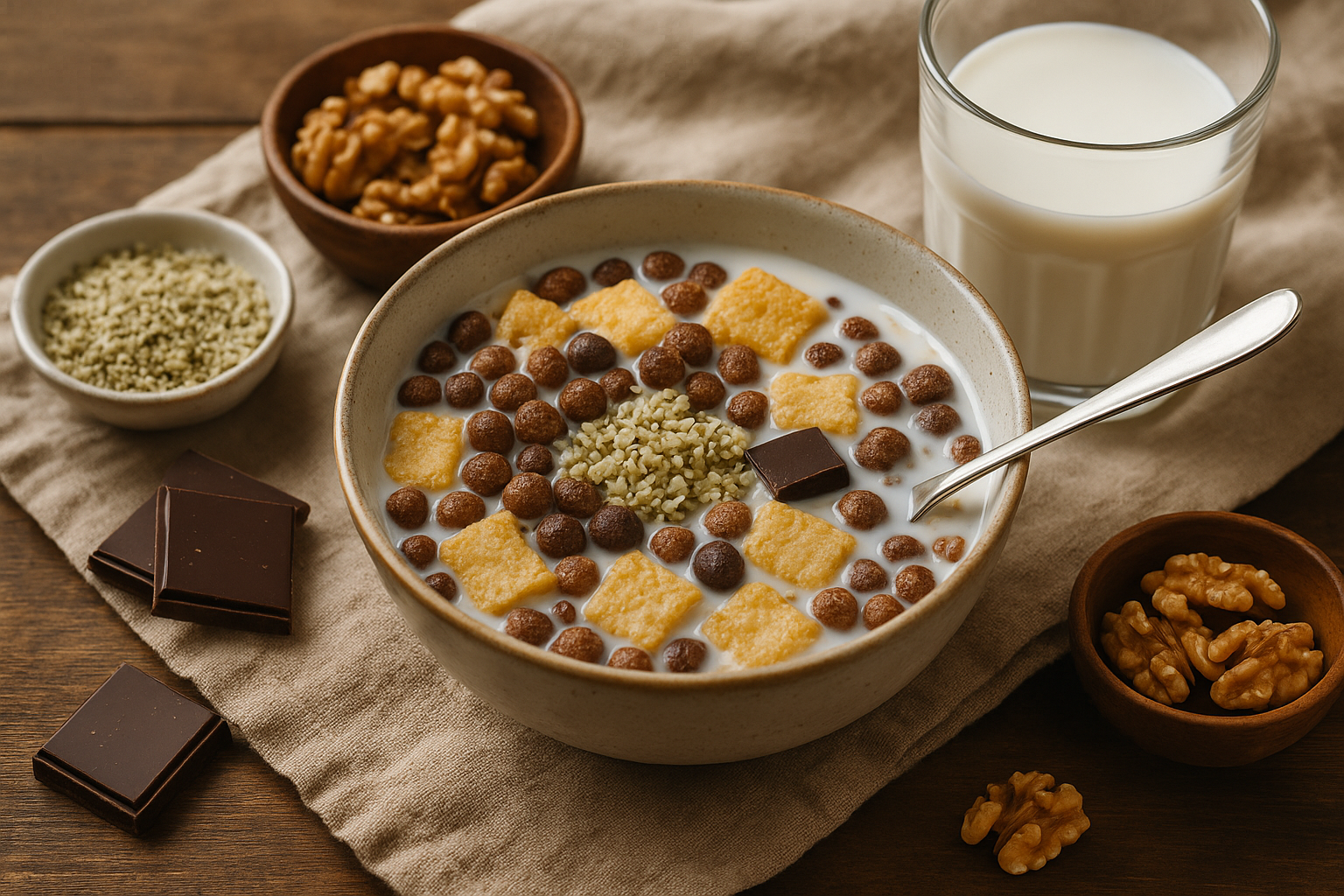 Gesundes Müsli mit Schokolade und Nüssen, das lange satt macht und beim Abnehmen hilft.