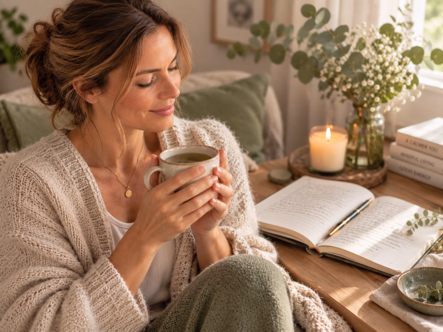 Frau hält eine Tasse Tee in den Händen, im Hintergrund ein aufgeschlagenes Tagebuch und eine brennende Kerze – Moment der Ruhe und Selbstreflexion