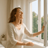 Frau öffnet morgens das Fenster, atmet tief ein und genießt das Sonnenlicht – Symbol für einen bewussten Start in den Tag und mehr Energie.