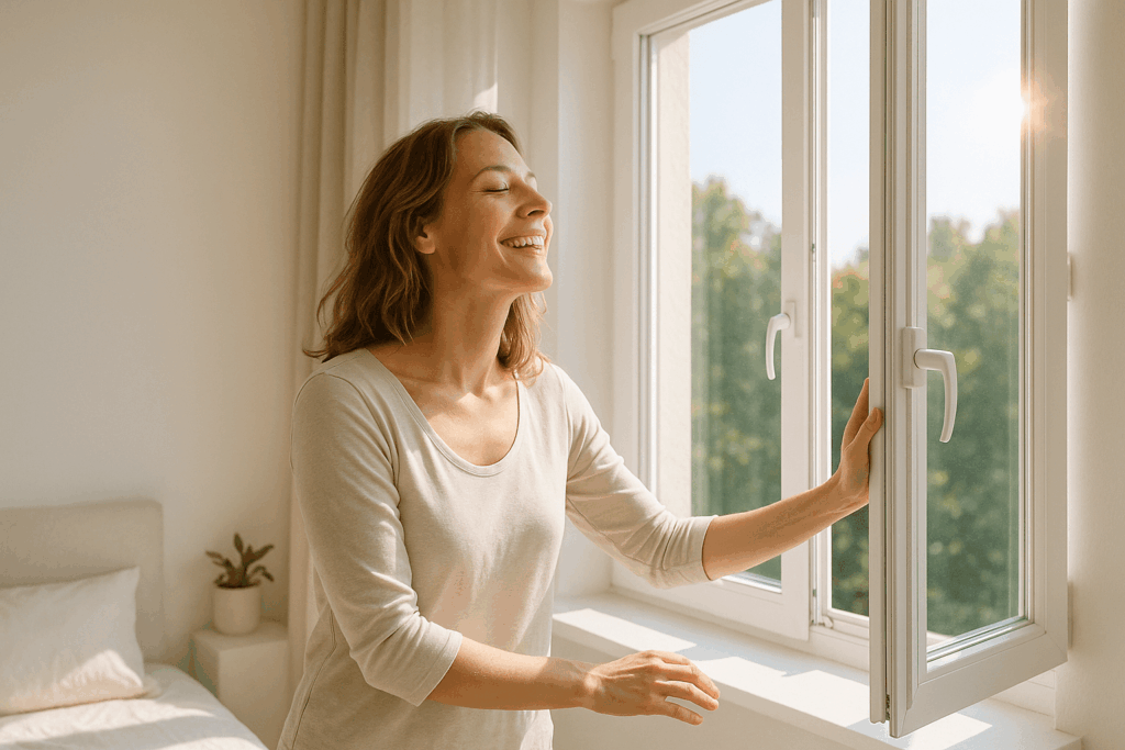 Frau öffnet morgens das Fenster, atmet tief ein und genießt das Sonnenlicht – Symbol für einen bewussten Start in den Tag und mehr Energie.