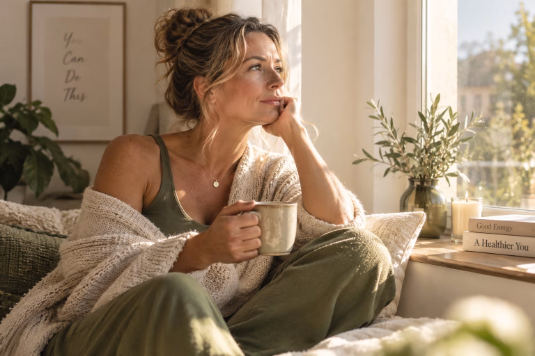 Frau hält eine Kaffeetasse und blickt nachdenklich aus dem Fenster