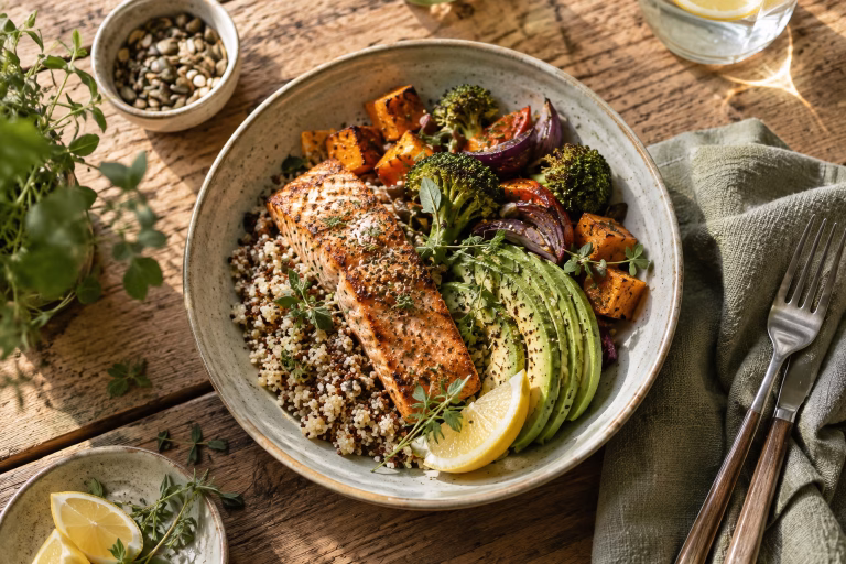 Bunte Bowl mit Lachs, Quinoa, Avocado und Gemüse auf Holztisch