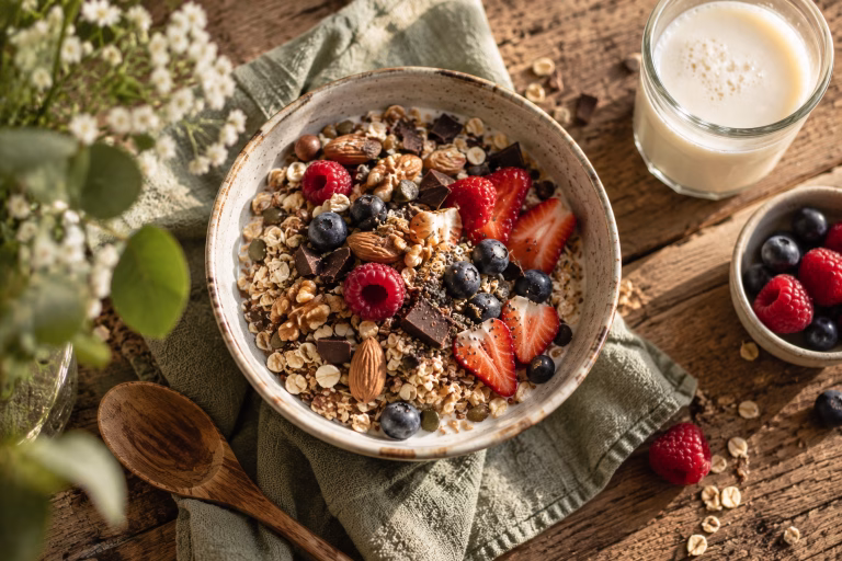Schale Müsli mit Beeren, Nüssen und dunkler Schokolade