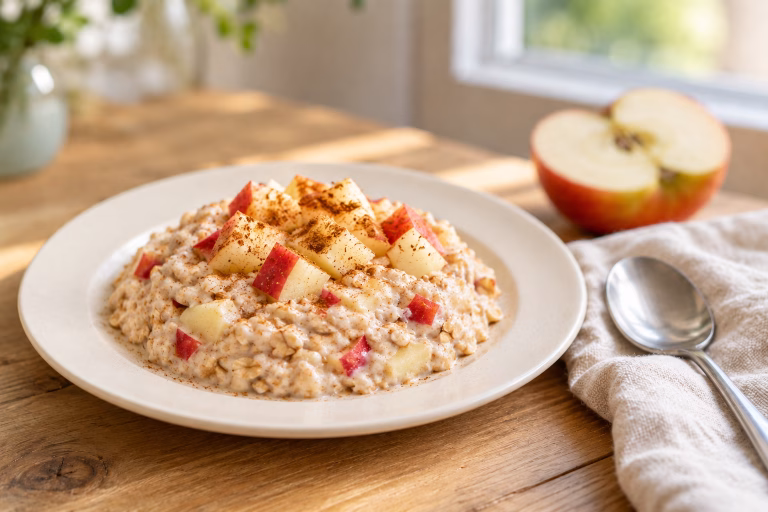 Protein Overnight Oats mit Apfel, Zimt und Walnüssen auf einem Keramikteller