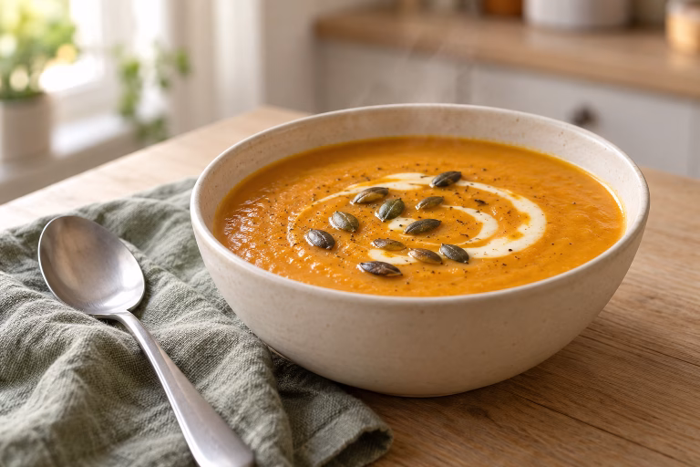 Cremige Kürbissuppe mit Ingwer und roten Linsen, getoppt mit Kürbiskernen und Joghurt